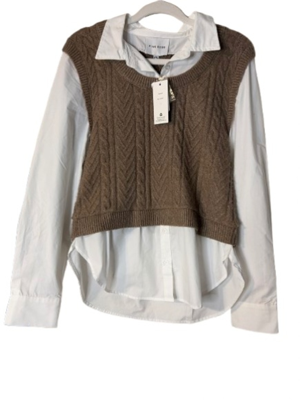 Pink Rose Cable Knit V-Neck Sweater Vest with White Button up NWT Small